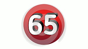 3D Number 65 sign symbol animation motion graphics icon on red sphere