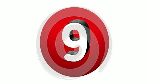 3D Number 9 nine sign symbol animation motion graphics icon on red sphere