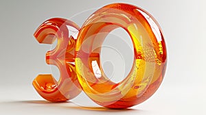 3d number ornage liquid 30 on white background with reflection