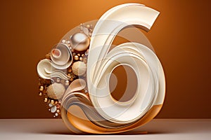 3D number six on brown background. 6 Years Old. Invitation for a sixth birthday party, business anniversary, or any