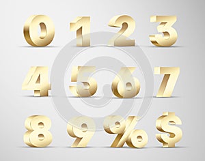 3d numbers golden volumetric design. Digits from zero to nine  percent  dollar sign realistic set