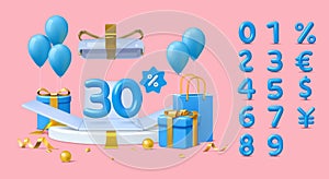 3D numbers. Holiday gift box. 10 percent sale. Discount percentage font. Shop podium with bags and dollar sign. Render
