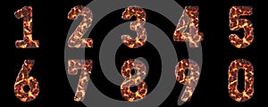3D object with lava or magma surface. Hot fire. Numbers are 0, 1, 2, 3, 4, 5, 6, 7, 8 and 9 in black background.