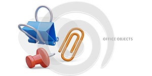 3D office objects. Red pin, blue binder clip, yellow paper clip