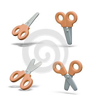 3D office scissors in open and closed position. Set of vector objects at different angles