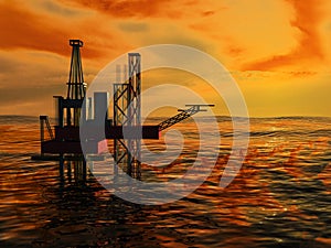 3d Oil Rig Silhouette, Ocean and Sunset