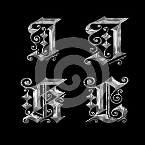 3D old Gothic metal capital letter alphabet - letters I-L
