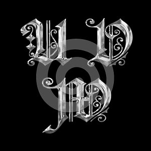 3D old Gothic metal capital letter alphabet - letters U-W
