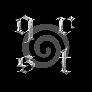 3D old Gothic metal lowercase alphabet - letters q-t