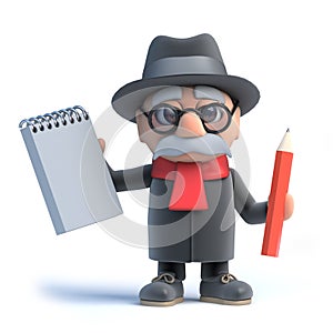 3d Old man holds a notepad and pencil