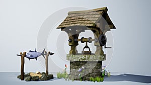 3D Old water well made of stone and wood, a bonfire on fish isolated on white background