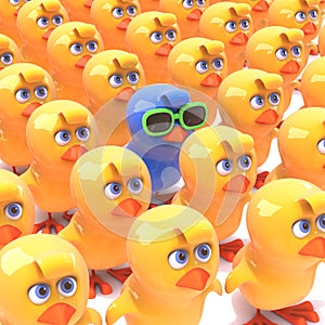 3d One bluebird in a crowd of yellow birds