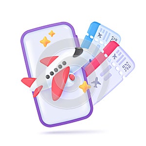 3D online airplane tickets Airline ticket booking ideas for travel from airlines to vacation destinations. 3D vector Illustration