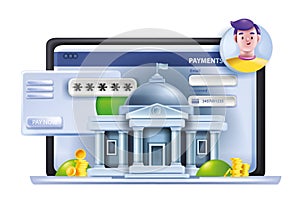 3D online banking vector concept, digital finance payment, internet money pay app service, coin stack.