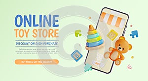 3d Online Kid Toy Store Discount on Each Purchase Concept Placard Poster Banner Card Template Cartoon Style. Vector