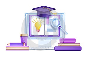 3D online school illustration, technology digital education vector concept, university web courses.