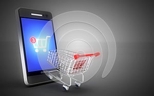 3d online shopping concept . smartphone laptop and cart. 3d illustration