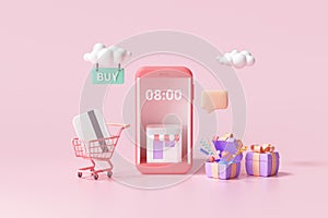 3D Online shopping on smartphone application service, digital marketing, online buying, and online payment concept. 3d banner