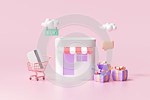 3D Online shopping store, digital marketing, online buying, and online payment concept. 3d banner background