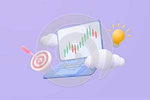 3D online trading with laptop on blue background. Notebook using funding graph on computer with arrow hit center and light bulb