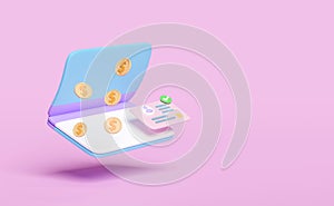 3d open a bank account with proof of ID card, passbook, dollar money coins isolated on pink background. 3d render illustration,