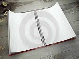 3d open blank notebook on desk paper texture
