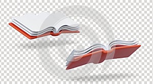 3D open book in different positions. Hardcover volume, top, bottom view