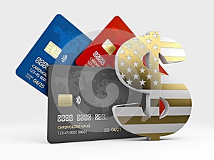 3d open credit card with dollar bills, isolated white background