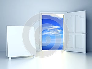 3d open door in empty room with empty frame