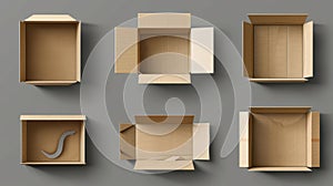 This is a 3D open empty cardboard box modern icon. It is isolated from the background. It is suitable for a shop or