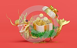 3d open gift box empty with gold dragon, dollar coins stacks, wreath pine leaves. chinese new year 2024 capricorn. 3d render