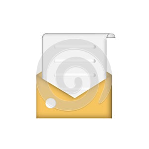 3D open mail envelope icon. Read document, postal envelope, online message, business news, invitation, love email, romantic card,