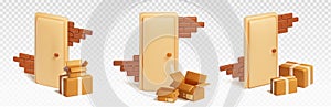 3d open parcel box delivery to door vector concept