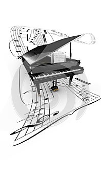 3D opened grand piano on a long flying partition