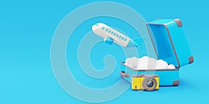 3D Opened suitcase with airplane flying in clouds, Tourism and travel concept, holiday vacation, 3d rendering.