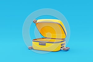 3D Opened yellow suitcase, Tourism and travel concept, holiday vacation, worldwide trip journey, 3d rendering