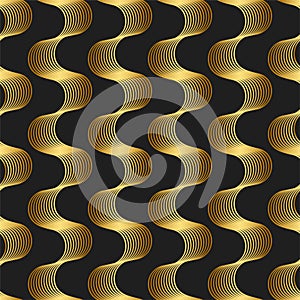 3d optical art waves pattern. Seamless black and gold abstract background/ Stylish trendy shadow wavy lines wallpaper