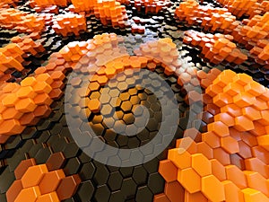 3d orange and black topgraphical cubic envirnment made of plastic atoms