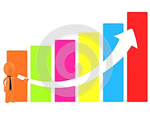 3d orange character presenting a high statictics graph