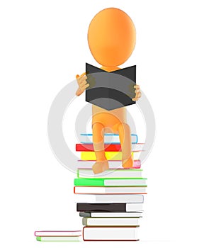 3d orange character reading book while sitting on the top of pile of books