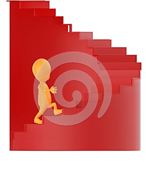 3d orange character walking up on spiral stairs