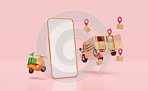 3d orange mobile phone, smartphone with delivery van, scooter, goods cardboard box, pin isolated on pink background. Online