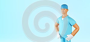 3D Orderly Vector Banner. Cartoon Character of Male Nurse on blue background