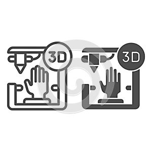 3D organ printing line and glyph icon. Bionic hand printing vector illustration isolated on white. 3d arm printing