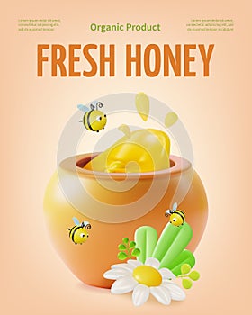 3d Organic Product Fresh Honey Concept Banner Poster Card Cartoon Style. Vector