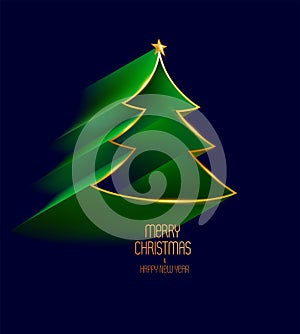 3D origami Christmas tree on dark background. Holiday greeting card design