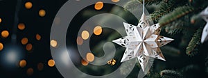 3D origami white alternative paper Christmas tree ornaments. White background, web banner, postcard with paper christmas ornaments