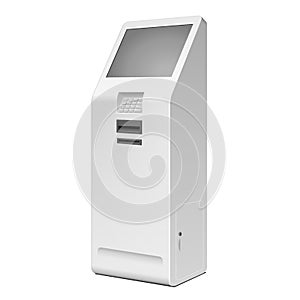 3D Outdoor White Metal ATM, Automated Teller Machine, Payment Terminal, Advertising Stand On White Background.