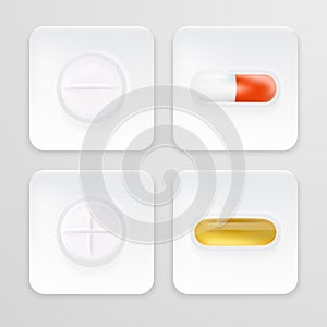 3d Packaging For Drugs Painkillers, Antibiotics, Vitamins And Aspirin Tablets. Set Of White Blisters Realistic Icons With Pills An