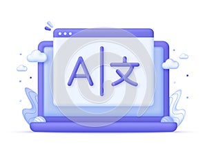 3D Page and Language translation sign on Computer. E-learning and education, learning. language courses concept